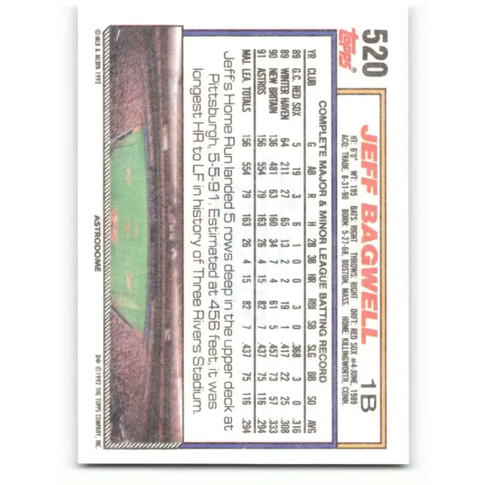 1992 Topps #520 Jeff Bagwell NM-MT Houston Astros Baseball Card - Baseball Card Single