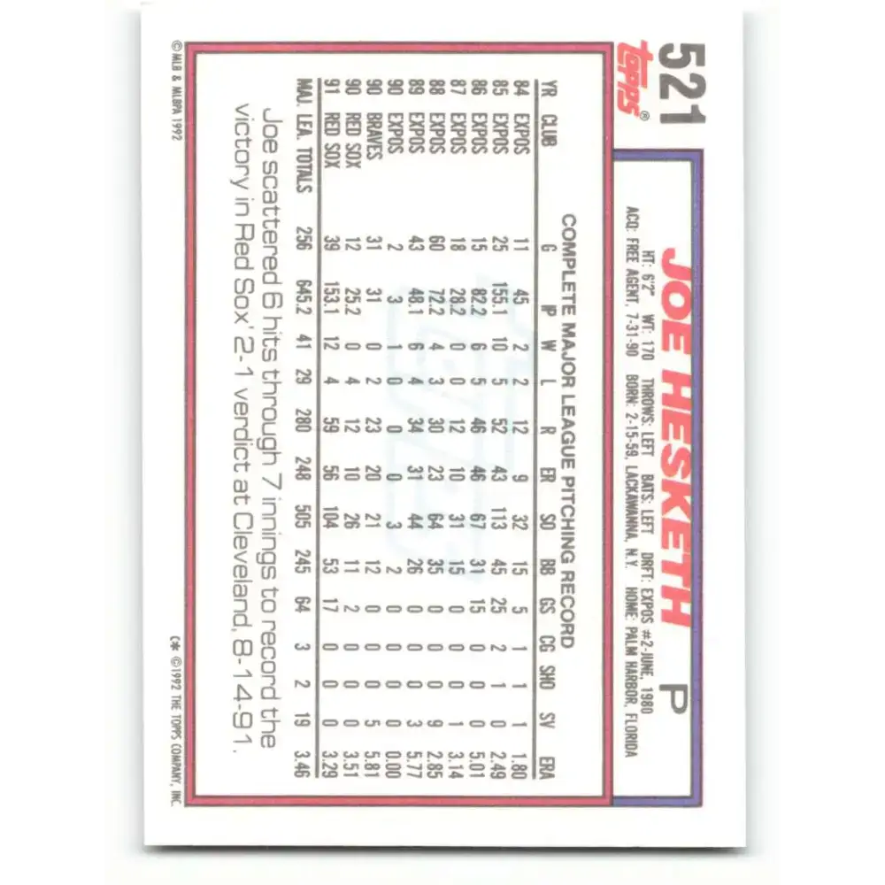 1992 Topps #521 Joe Hesketh NM-MT Boston Red Sox Baseball Card - Baseball Card Single