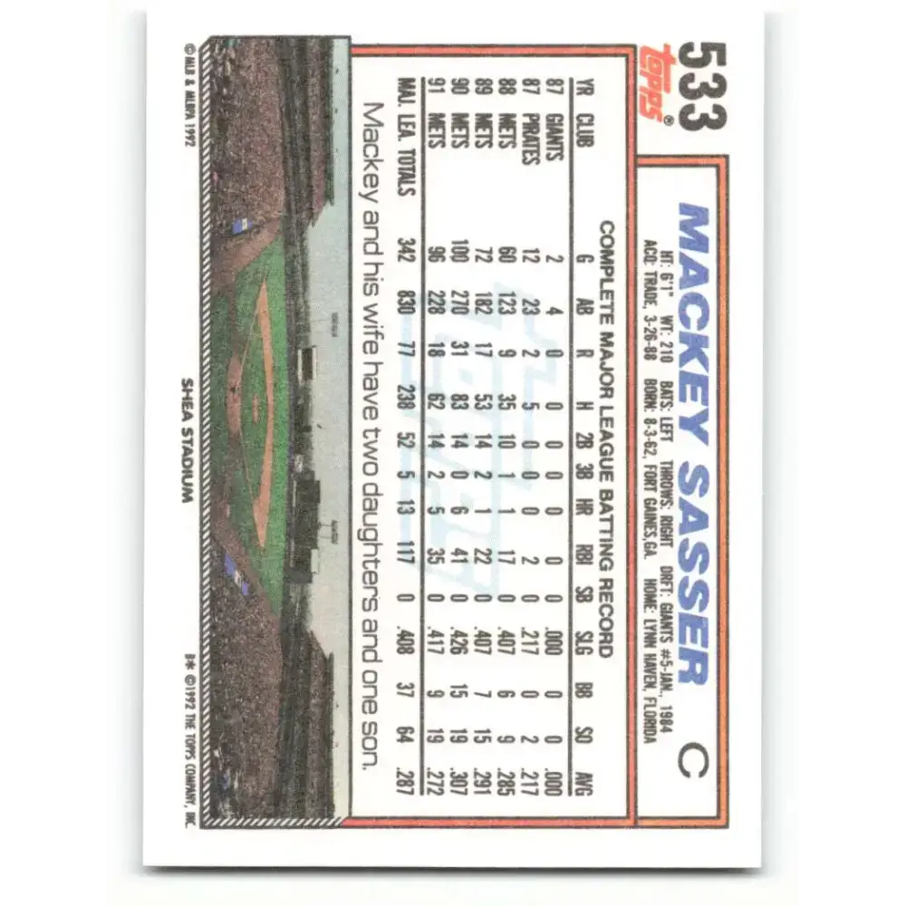 1992 Topps #533 Mackey Sasser EX Excellent New York Mets Baseball Card - Baseball Card Single