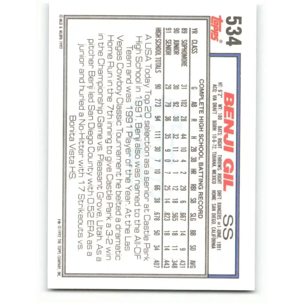 1992 Topps #534 Benji Gil NM-MT RC Rookie Texas Rangers Baseball Card - Baseball Card Single