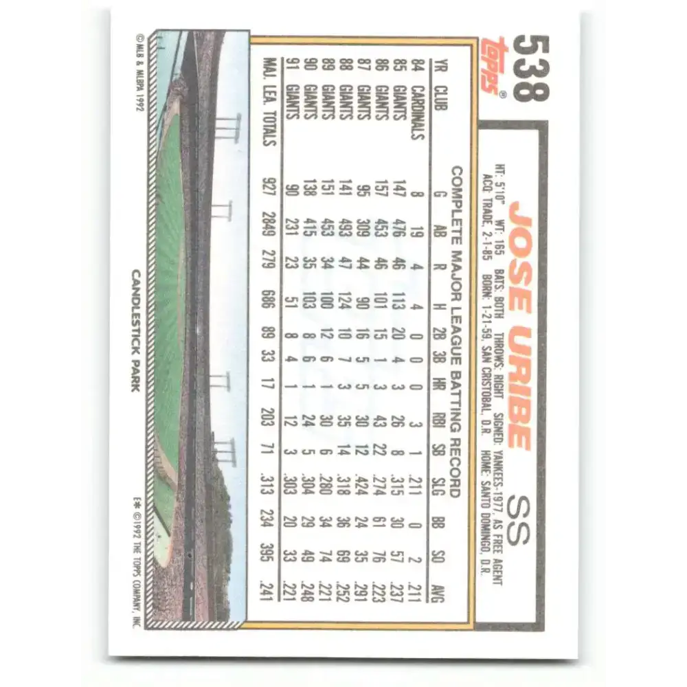 1992 Topps #538 Jose Uribe NM-MT San Francisco Giants Baseball Card - Baseball Card Single