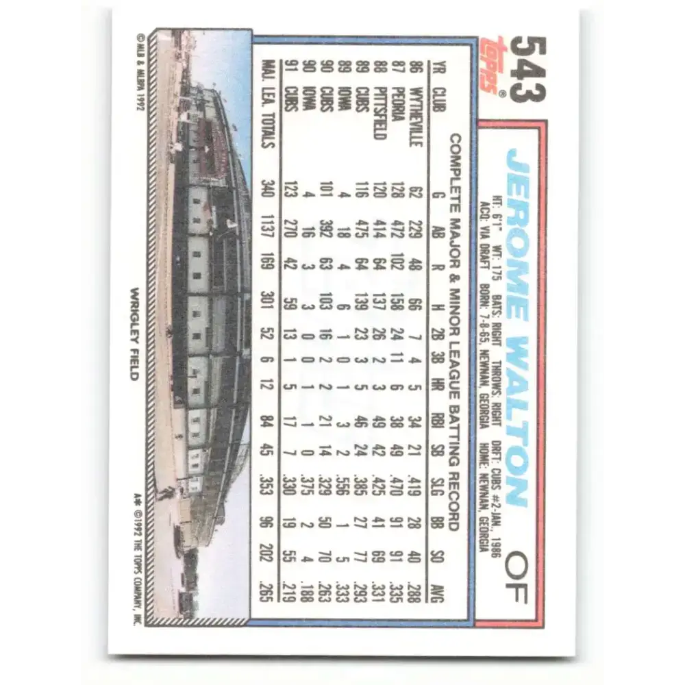 1992 Topps #543 Jerome Walton NM-MT Chicago Cubs Baseball Card - Baseball Card Single