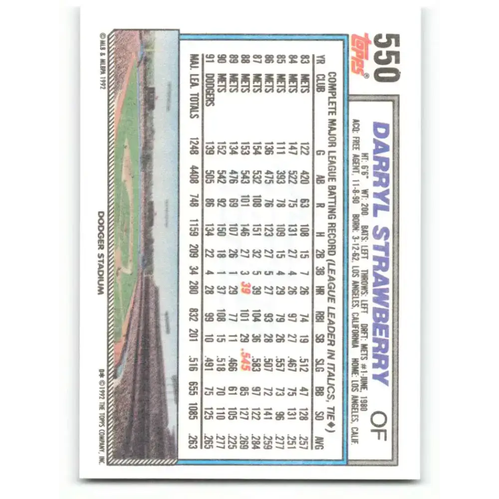 1992 Topps #550 Darryl Strawberry EX Excellent Los Angeles Dodgers Baseball Card - Baseball Card Single