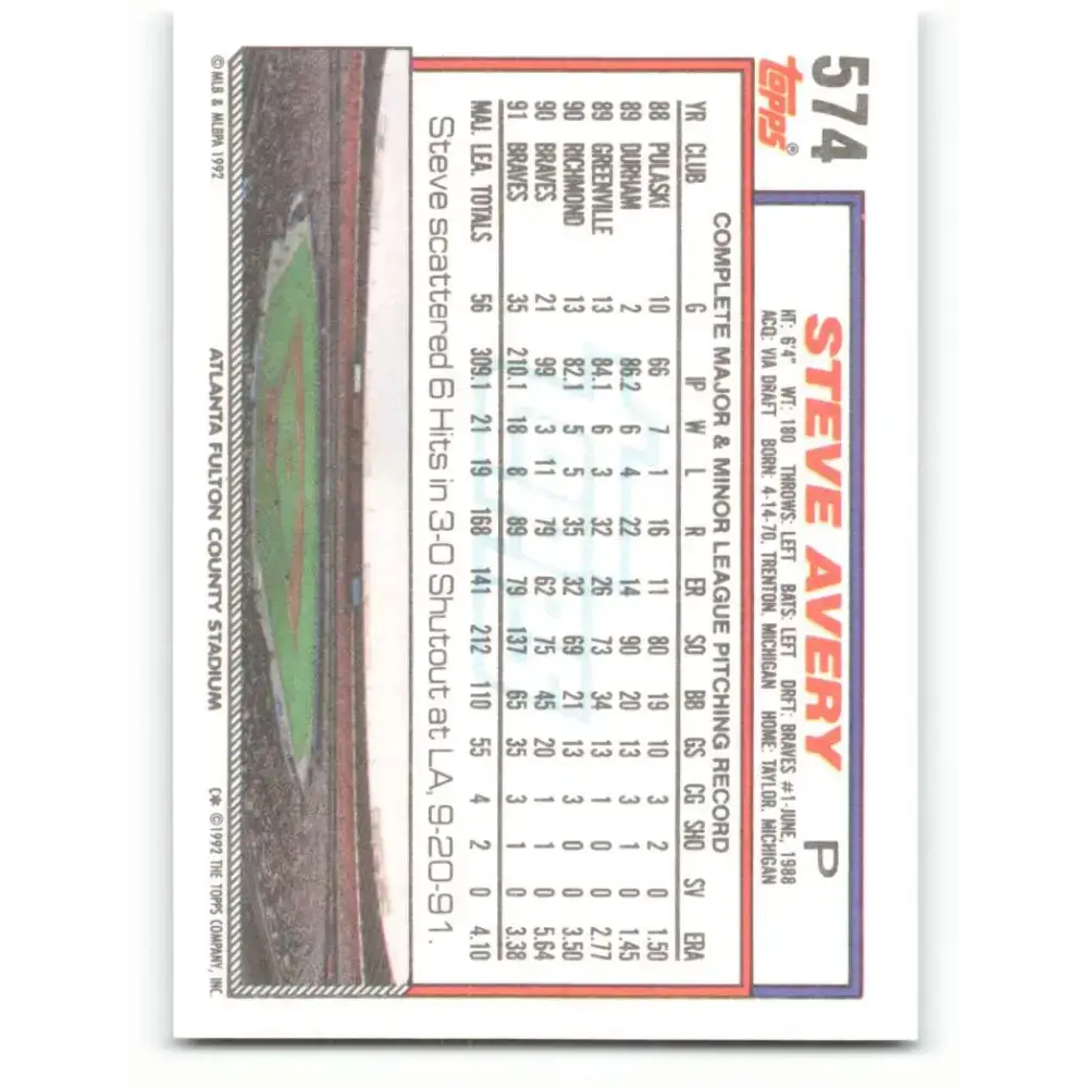 1992 Topps #574 Steve Avery NM-MT Atlanta Braves Baseball Card - Baseball Card Single