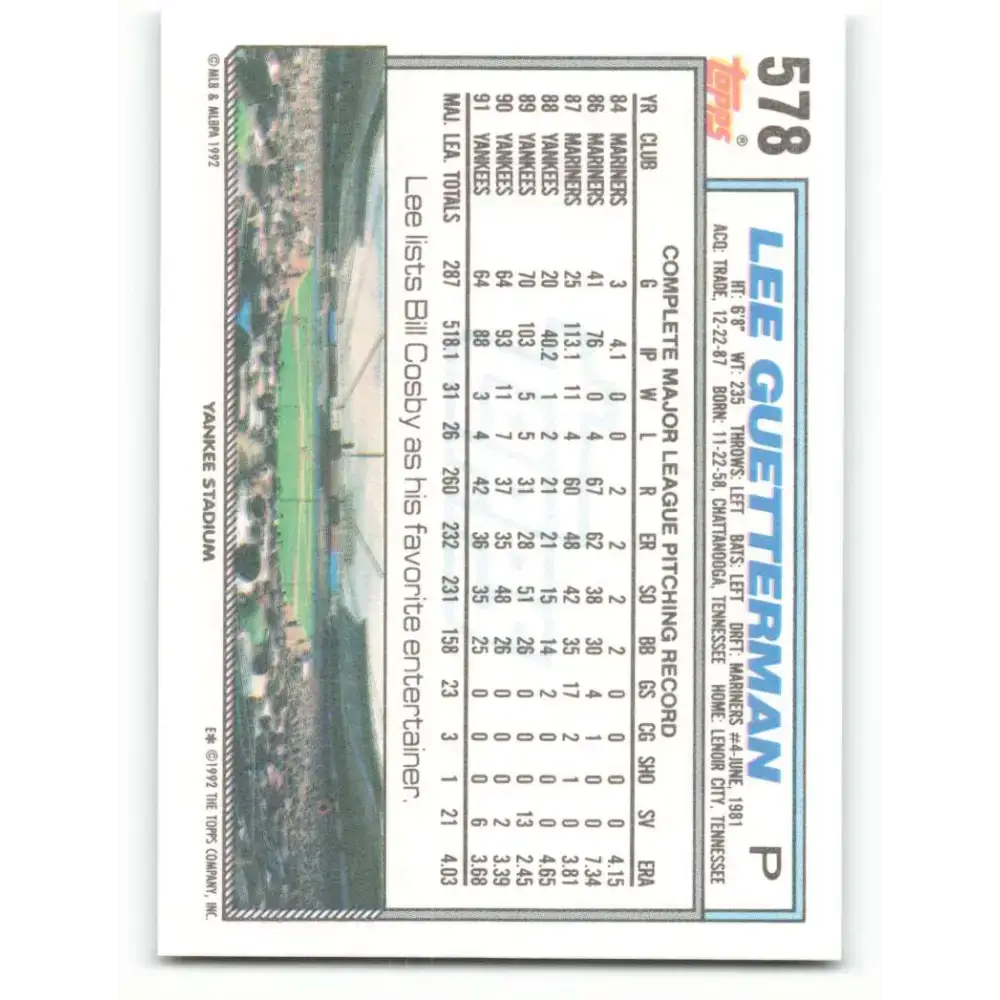 1992 Topps #578 Lee Guetterman EX Excellent New York Yankees Baseball Card - Baseball Card Single