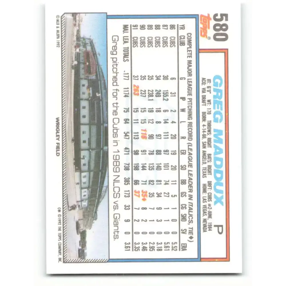 1992 Topps #580 Greg Maddux NM-MT Chicago Cubs Baseball Card - Baseball Card Single