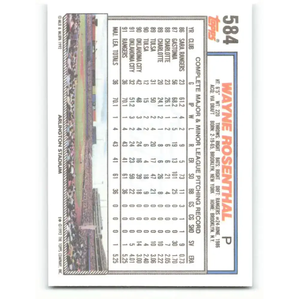 1992 Topps #584 Wayne Rosenthal NM-MT RC Rookie Texas Rangers Baseball Card - Baseball Card Single