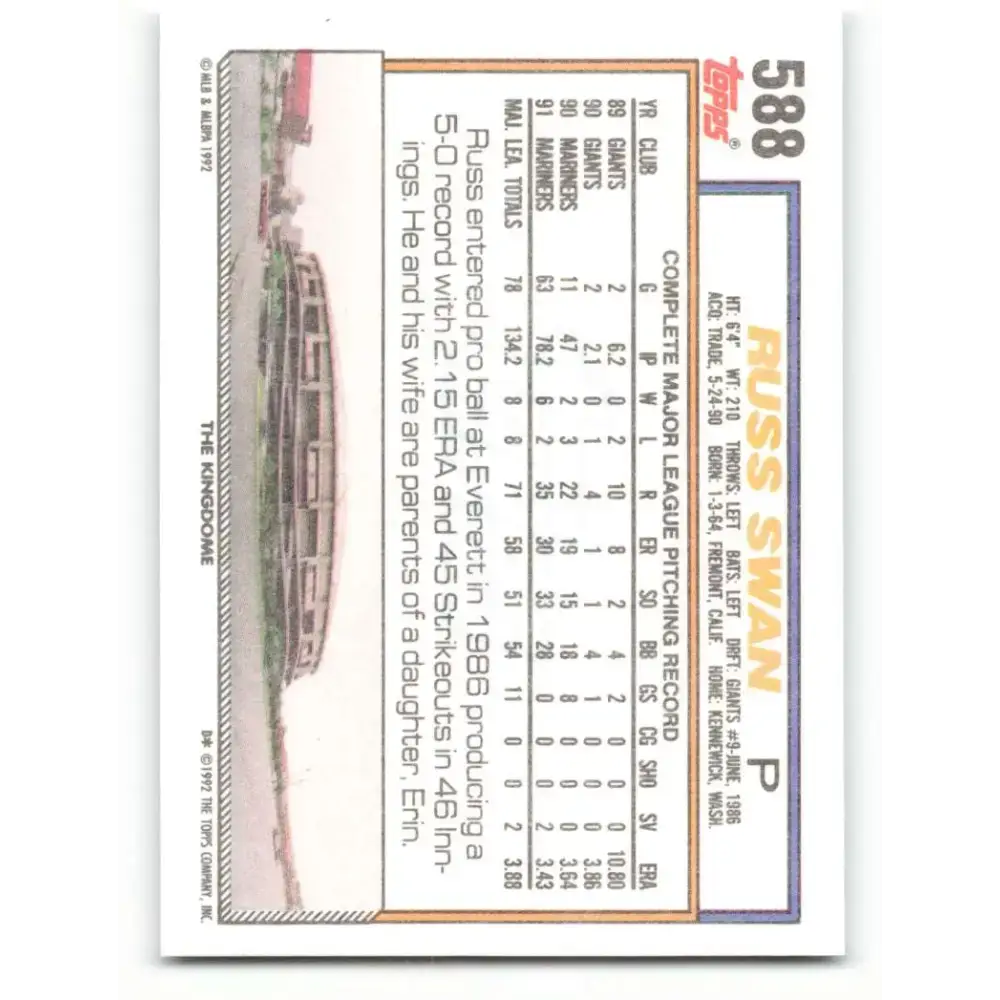 1992 Topps #588 Russ Swan EX Excellent Seattle Mariners Baseball Card