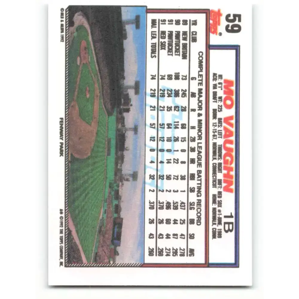 1992 Topps #59 Mo Vaughn NM-MT Boston Red Sox Baseball Card - Baseball Card Single
