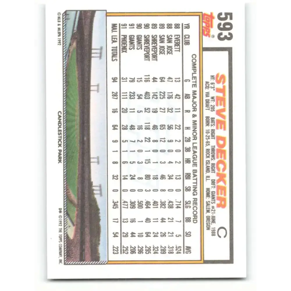1992 Topps #593 Steve Decker NM-MT San Francisco Giants Baseball Card - Baseball Card Single