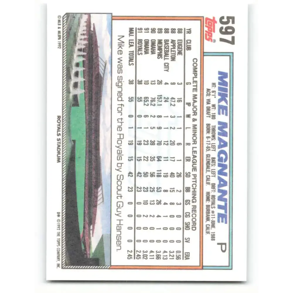 1992 Topps #597 Mike Magnante NM-MT RC Rookie Kansas City Royals Baseball Card