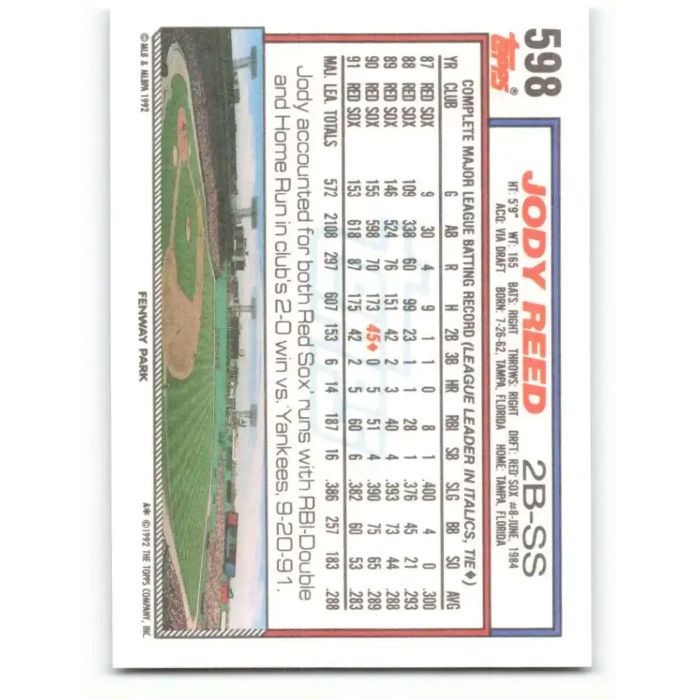 1992 Topps #598 Jody Reed NM-MT Boston Red Sox Baseball Card - Baseball Card Single
