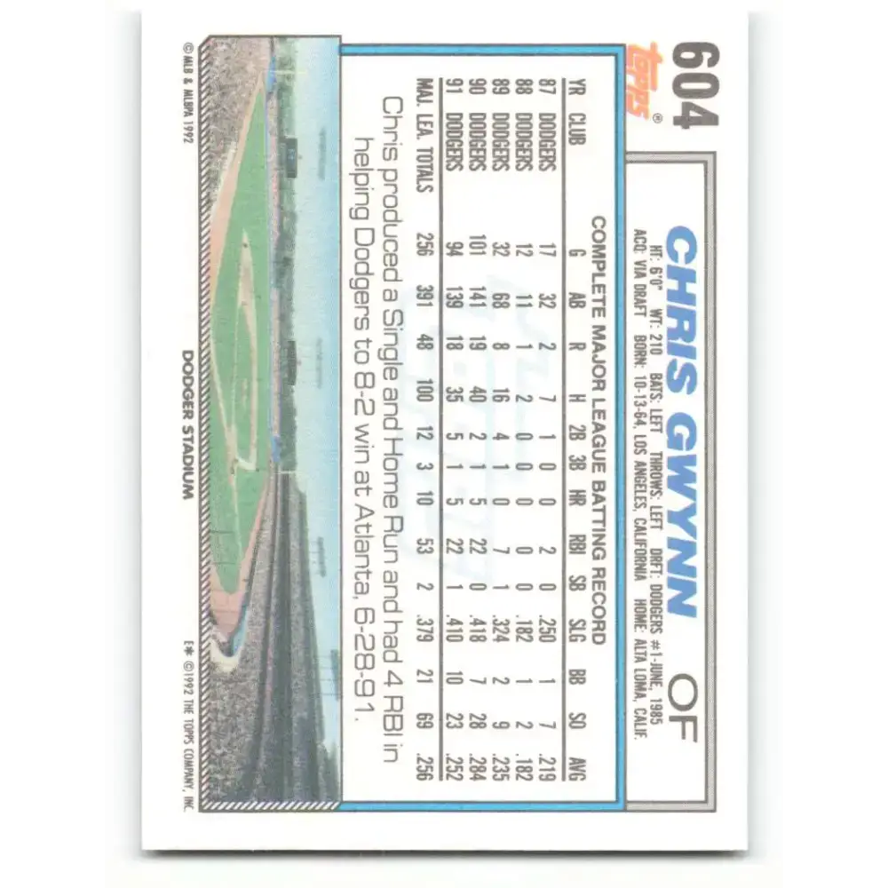 1992 Topps #604 Chris Gwynn NM-MT Los Angeles Dodgers Baseball Card - Baseball Card Single