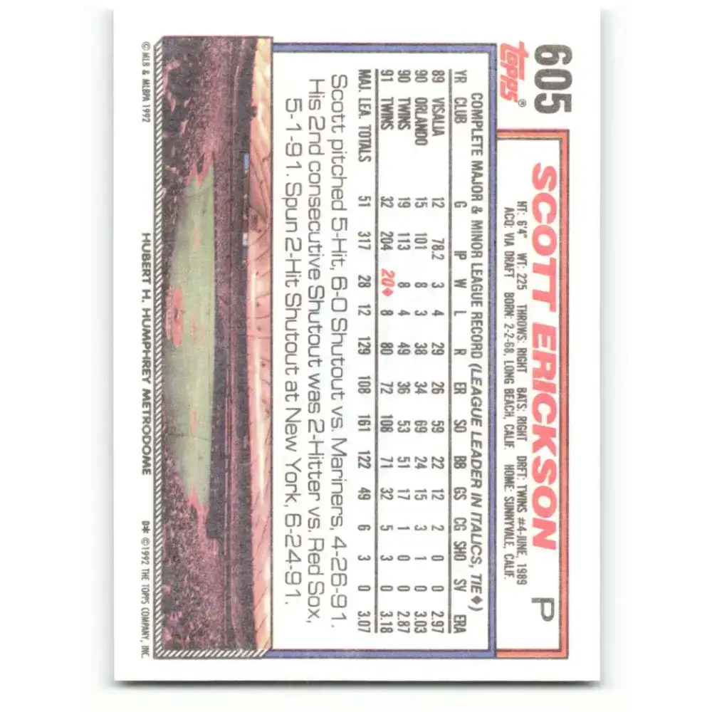 1992 Topps #605 Scott Erickson NM-MT Minnesota Twins Baseball Card - Baseball Card Single