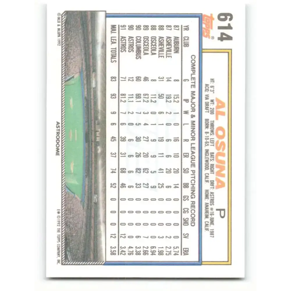 1992 Topps #614 Al Osuna NM-MT Houston Astros Baseball Card - Baseball Card Single
