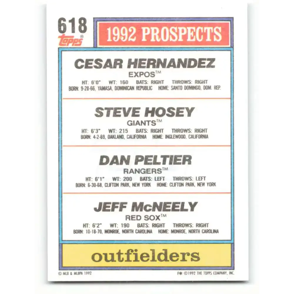 1992 Topps #618 Cesar Hernandez/Steve Hosey/Dan Peltier/Jeff McNeely NM-MT RC Rookie Montreal Expos/San Francisco