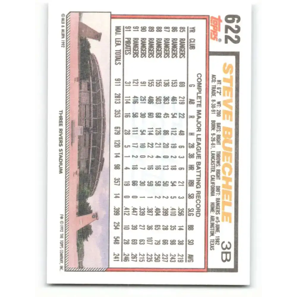 1992 Topps #622 Steve Buechele NM-MT Pittsburgh Pirates Baseball Card - Baseball Card Single