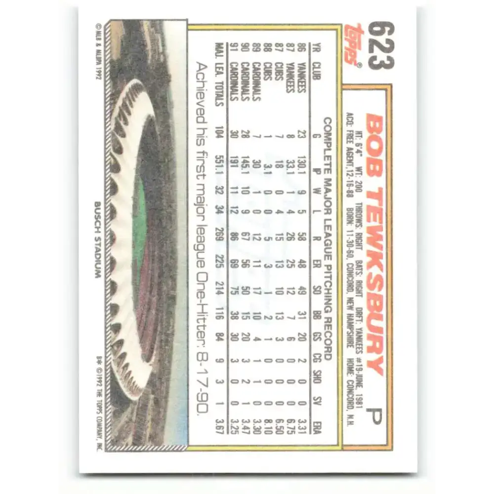 1992 Topps #623 Bob Tewksbury NM-MT St. Louis Cardinals Baseball Card - Baseball Card Single