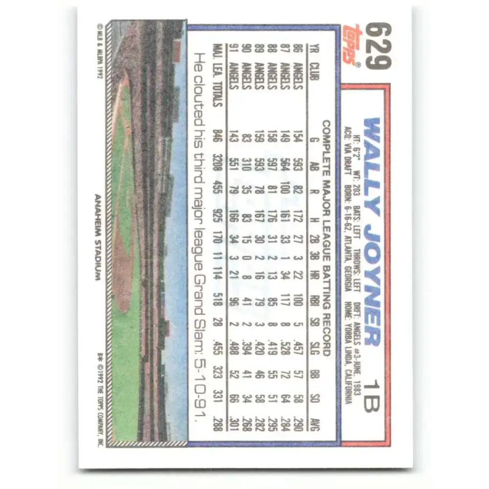 1992 Topps #629 Wally Joyner NM-MT California Angels Baseball Card - Baseball Card Single