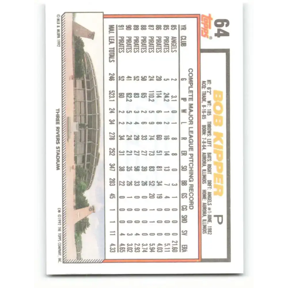 1992 Topps #64 Bob Kipper EX Excellent Pittsburgh Pirates Baseball Card - Baseball Card Single