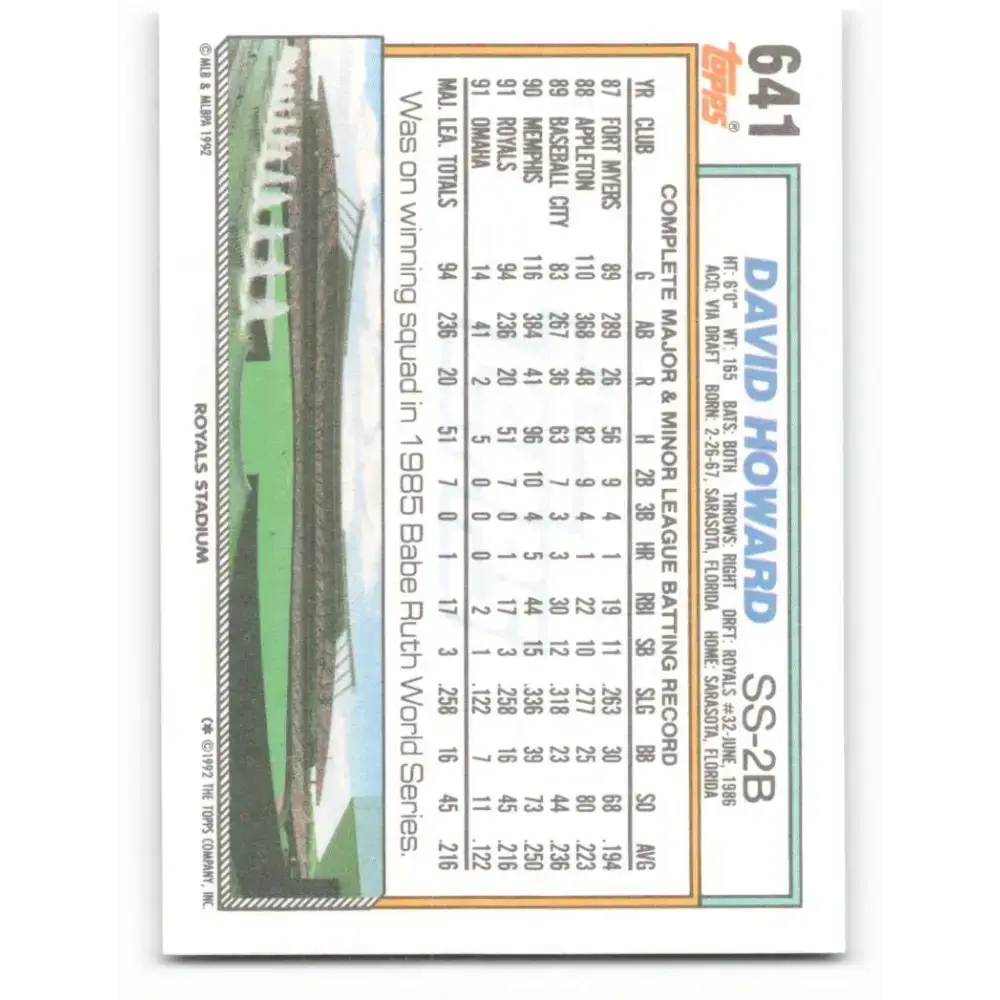 1992 Topps #641 David Howard NM-MT Kansas City Royals Baseball Card - Baseball Card Single