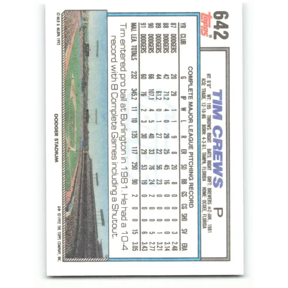 1992 Topps #642 Tim Crews NM-MT Los Angeles Dodgers Baseball Card - Baseball Card Single