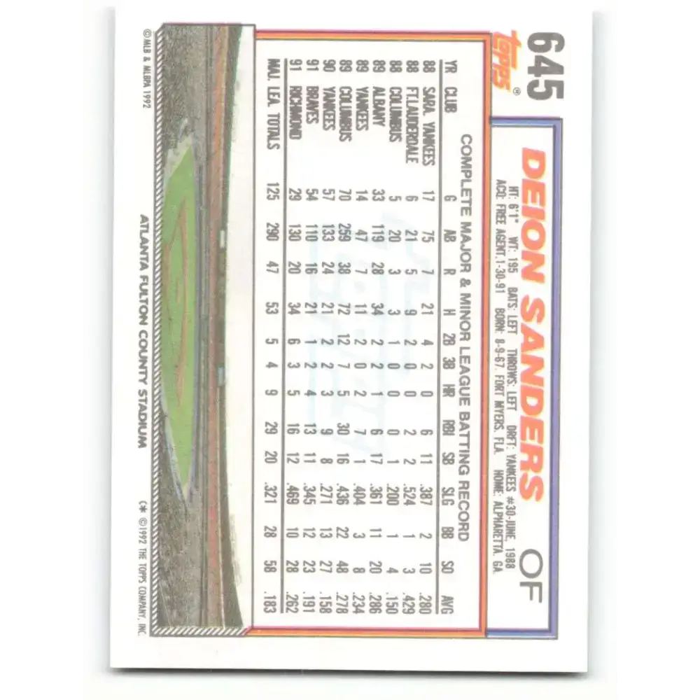 1992 Topps #645 Deion Sanders NM-MT Atlanta Braves Baseball Card - Baseball Card Single