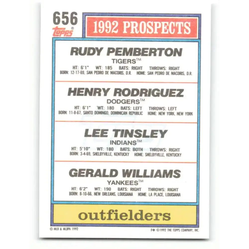 1992 Topps #656 Rudy Pemberton/Henry Rodriguez/Lee Tinsley/Gerald Williams NM-MT RC Rookie Detroit Tigers/Los Angeles
