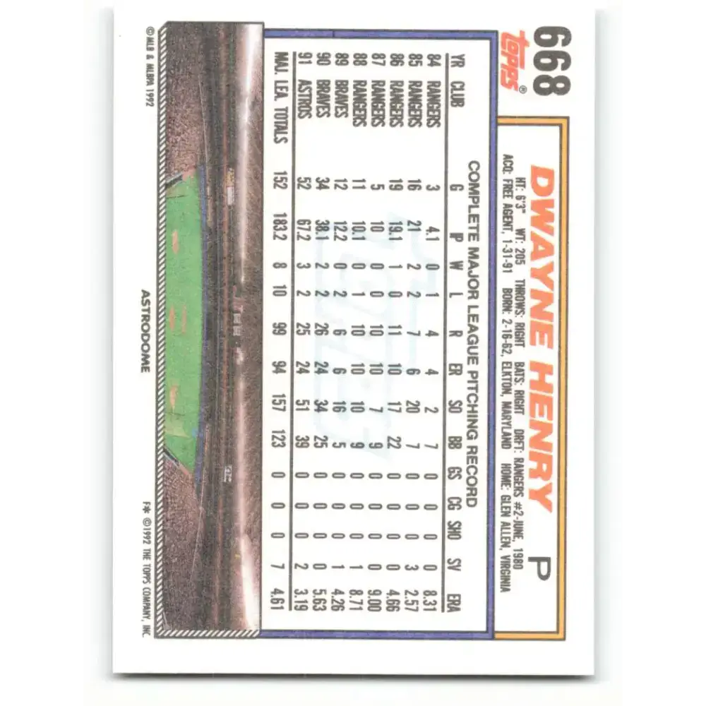 1992 Topps #668 Dwayne Henry NM-MT Houston Astros Baseball Card - Baseball Card Single