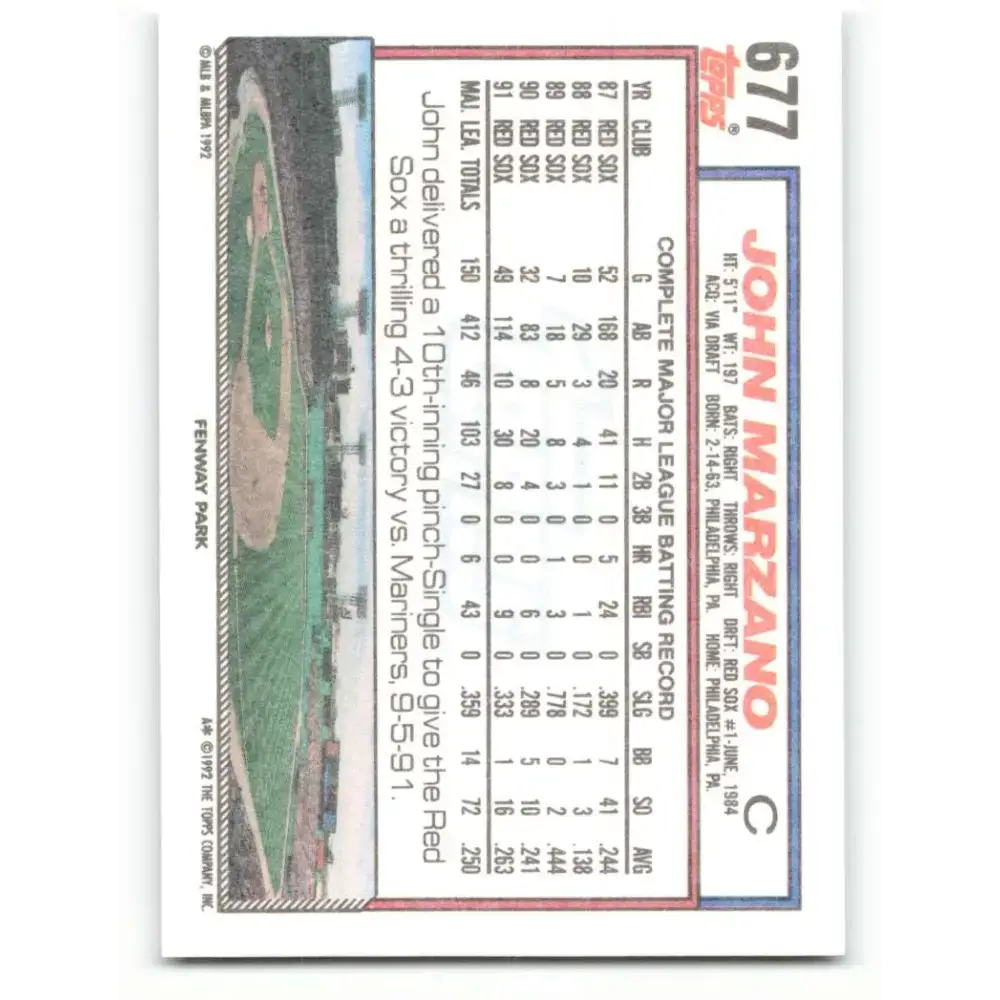 1992 Topps #677 John Marzano NM-MT Boston Red Sox Baseball Card - Baseball Card Single