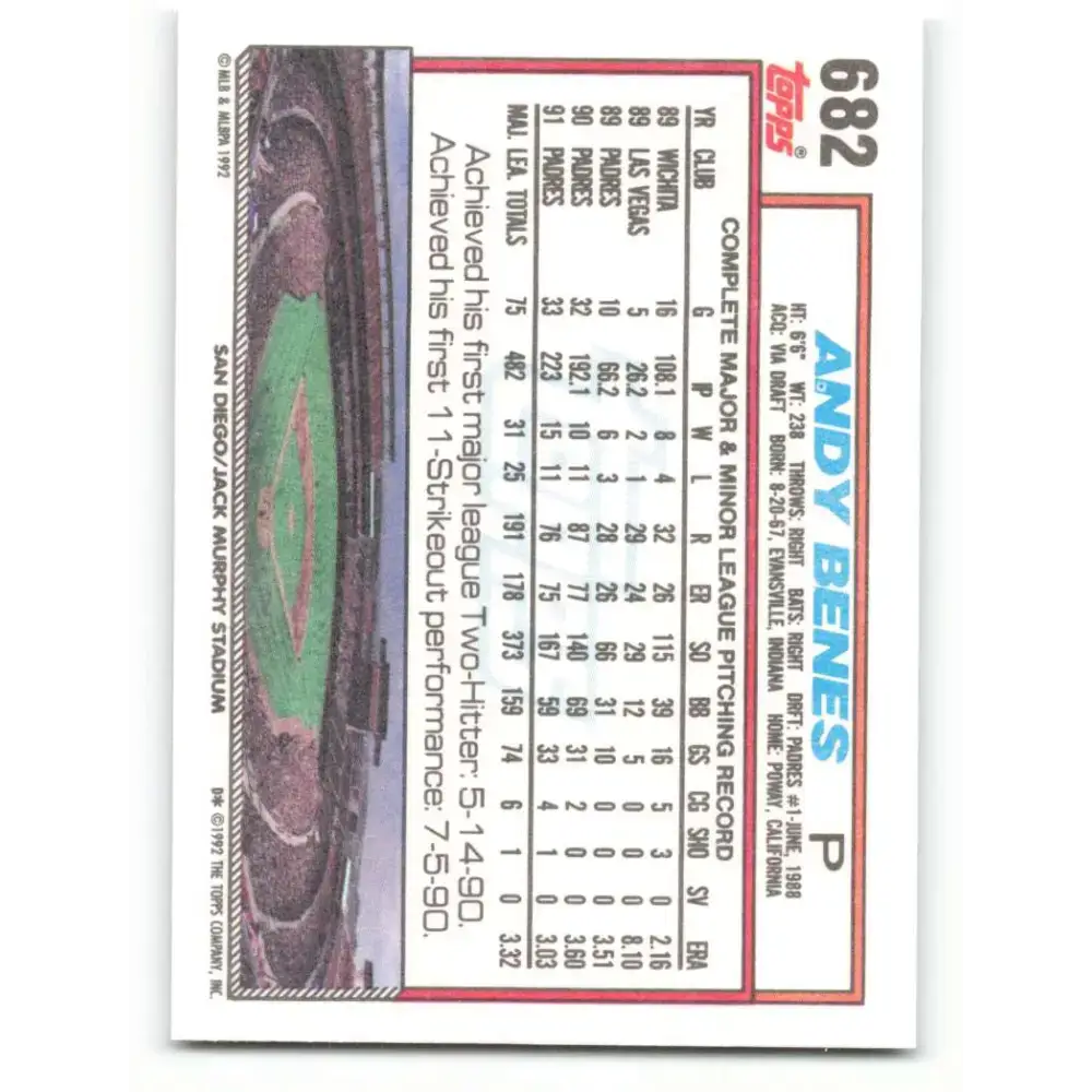 1992 Topps #682 Andy Benes NM-MT San Diego Padres Baseball Card - Baseball Card Single