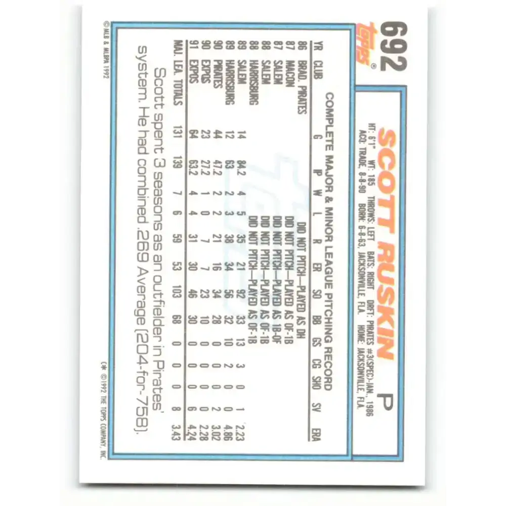 1992 Topps #692 Scott Ruskin NM-MT Montreal Expos Baseball Card - Baseball Card Single