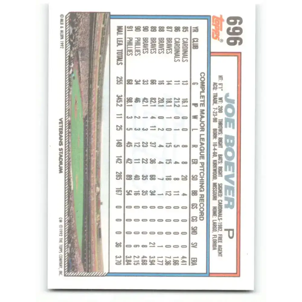 1992 Topps #696 Joe Boever NM-MT Philadelphia Phillies Baseball Card - Baseball Card Single