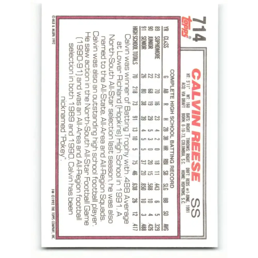1992 Topps #714 Pokey Reese NM-MT RC Rookie Cincinnati Reds Baseball Card - Baseball Card Single