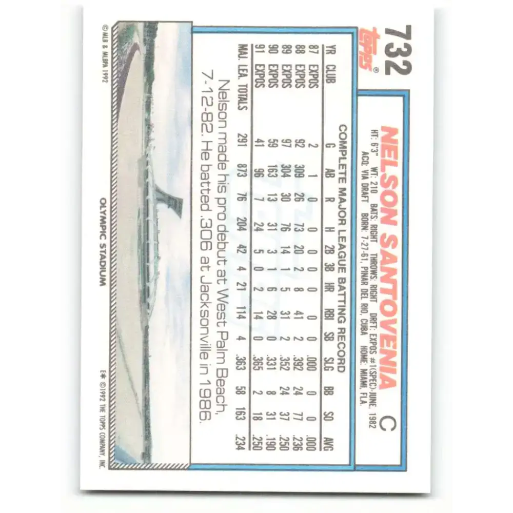 1992 Topps #732 Nelson Santovenia NM-MT Montreal Expos Baseball Card - Baseball Card Single