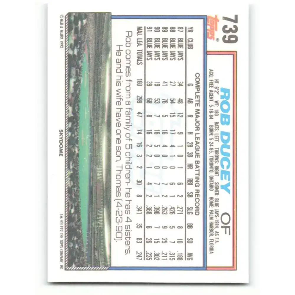 1992 Topps #739 Rob Ducey NM-MT Toronto Blue Jays Baseball Card - Baseball Card Single