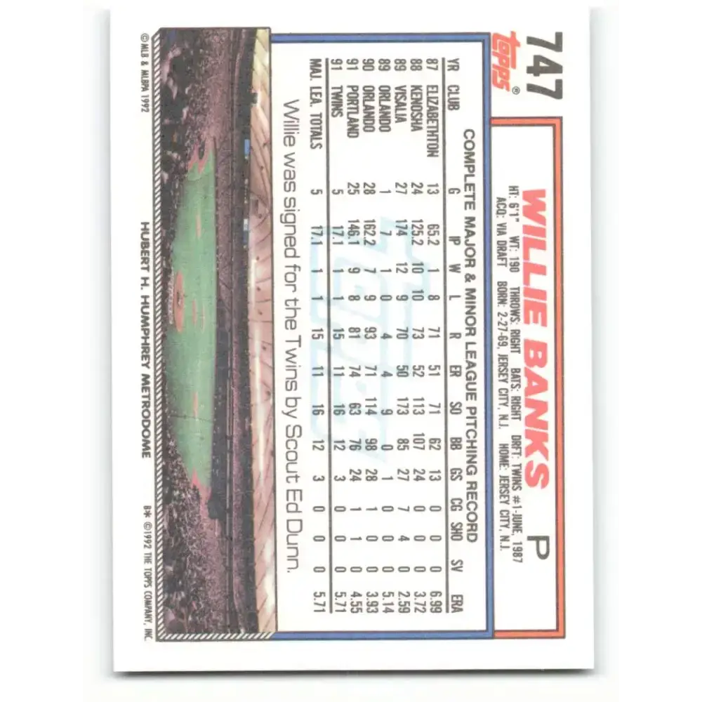 1992 Topps #747 Willie Banks NM-MT Minnesota Twins Baseball Card - Baseball Card Single