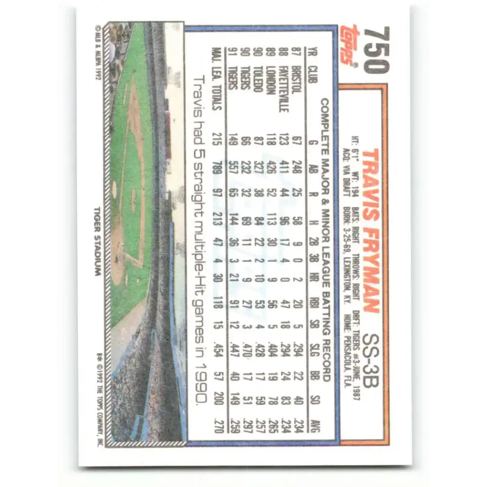 1992 Topps #750 Travis Fryman NM-MT Detroit Tigers Baseball Card - Baseball Card Single