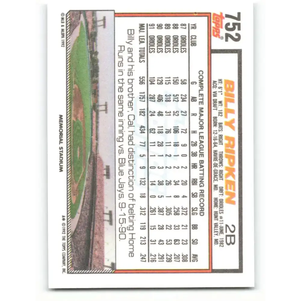 1992 Topps #752 Billy Ripken NM-MT Baltimore Orioles Baseball Card - Baseball Card Single