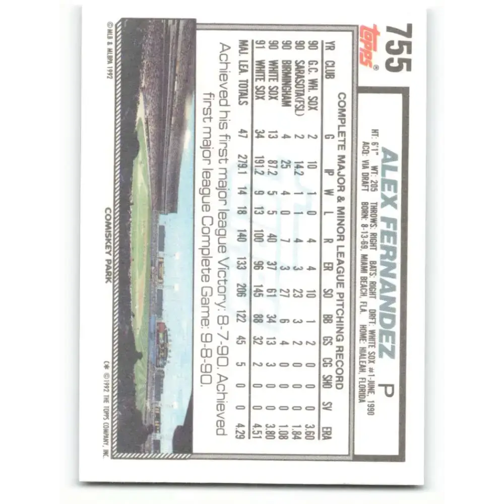 1992 Topps #755 Alex Fernandez EX Excellent Chicago White Sox Baseball Card - Baseball Card Single