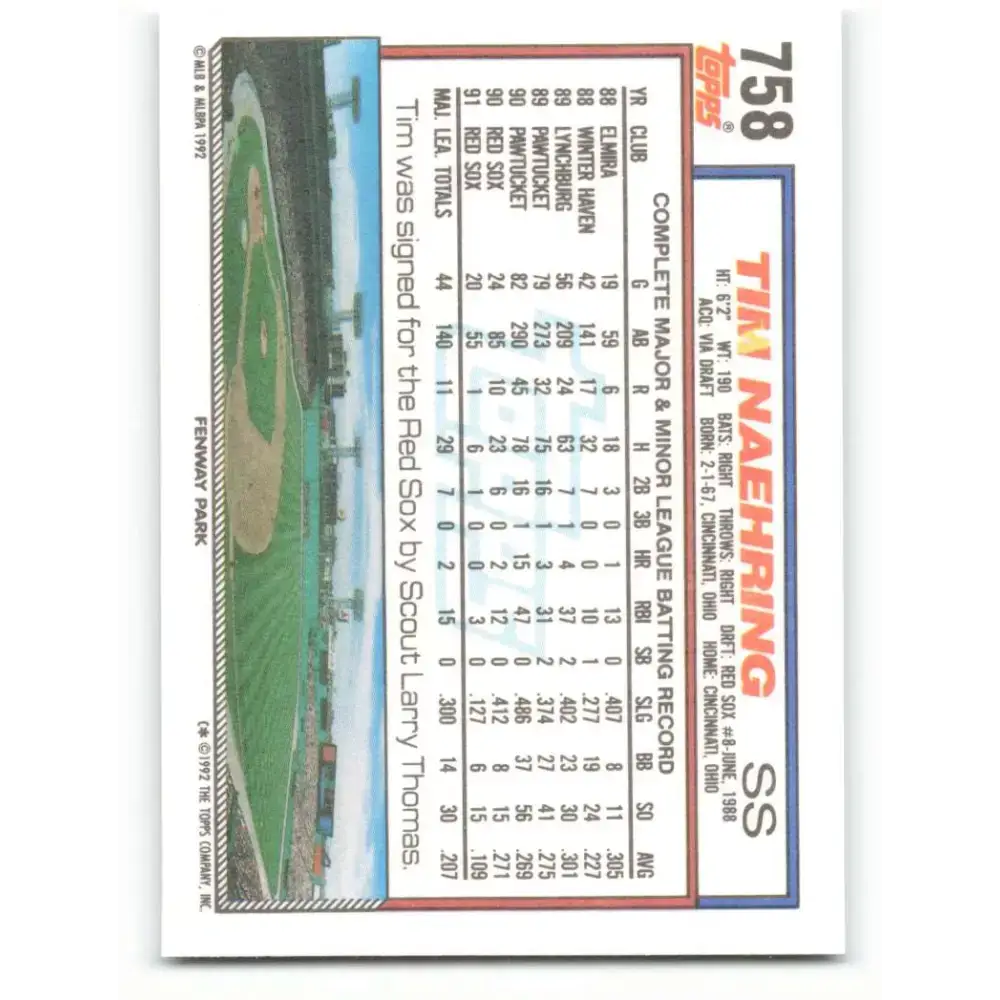 1992 Topps #758 Tim Naehring EX Excellent Boston Red Sox Baseball Card - Baseball Card Single