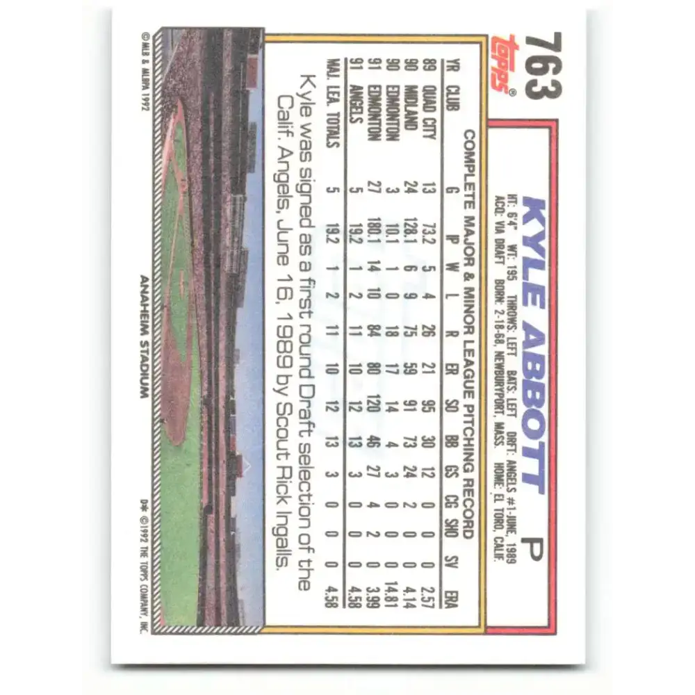 1992 Topps #763 Kyle Abbott NM-MT California Angels Baseball Card - Baseball Card Single