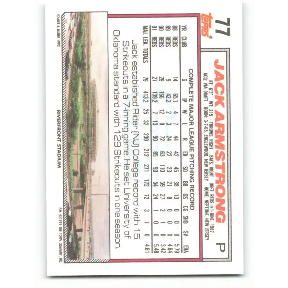 1992 Topps #77 Jack Armstrong EX Excellent Cincinnati Reds Baseball Card - Baseball Card