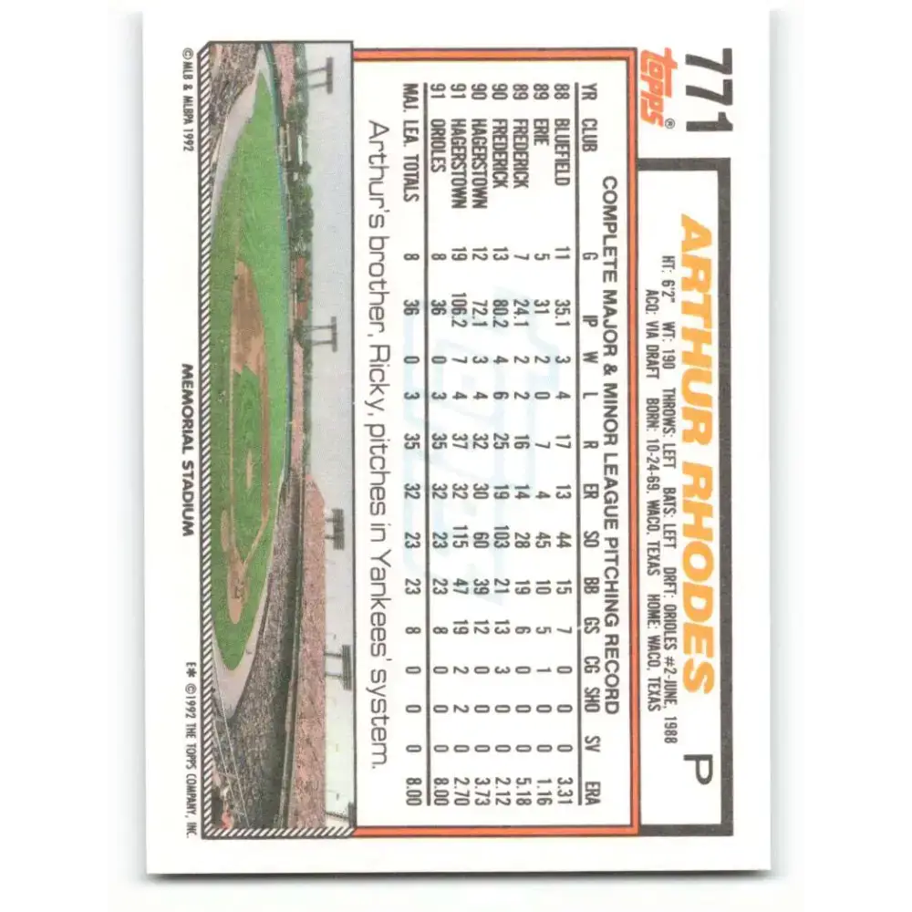 1992 Topps #771 Arthur Rhodes NM-MT Baltimore Orioles Baseball Card - Baseball Card Single