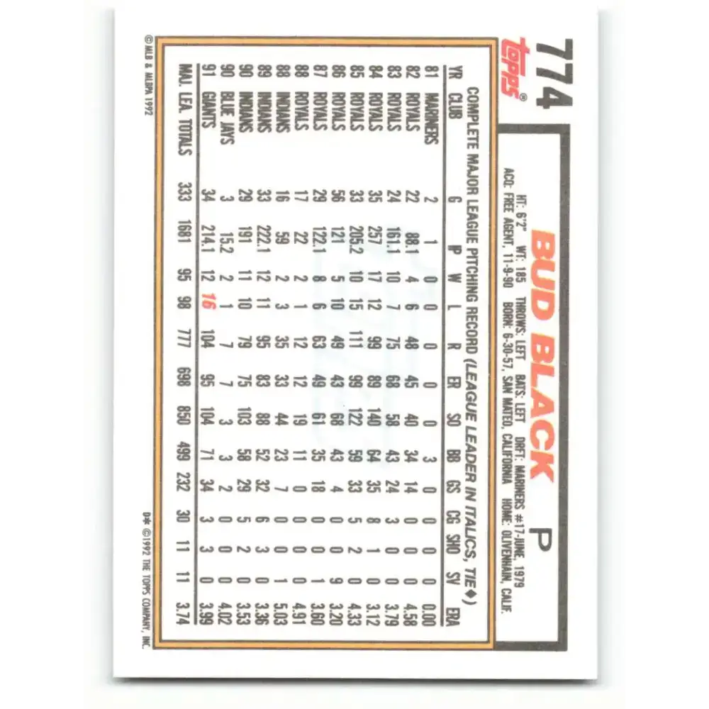 1992 Topps #774 Bud Black NM-MT San Francisco Giants Baseball Card - Baseball Card Single