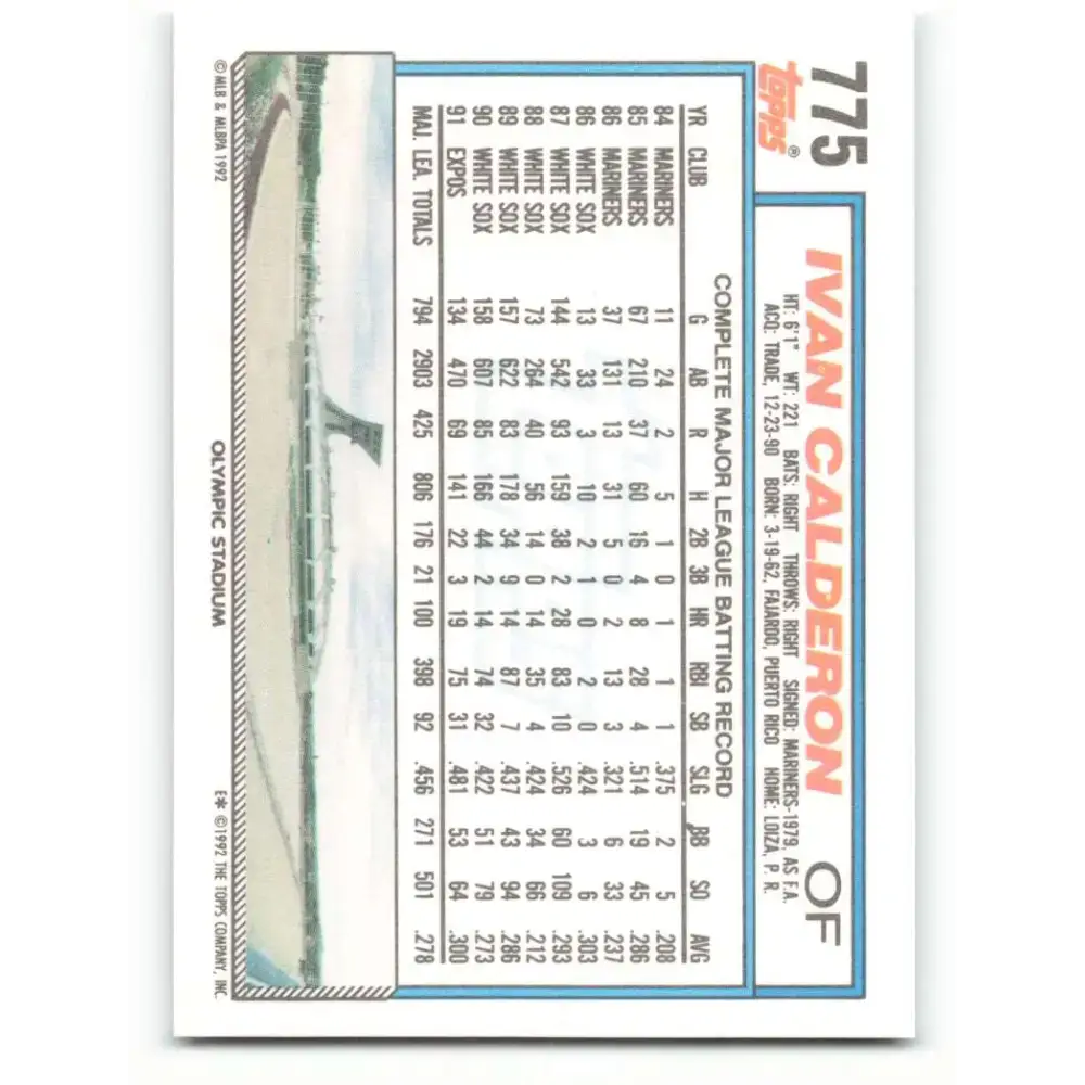 1992 Topps #775 Ivan Calderon EX Excellent Montreal Expos Baseball Card - Baseball Card