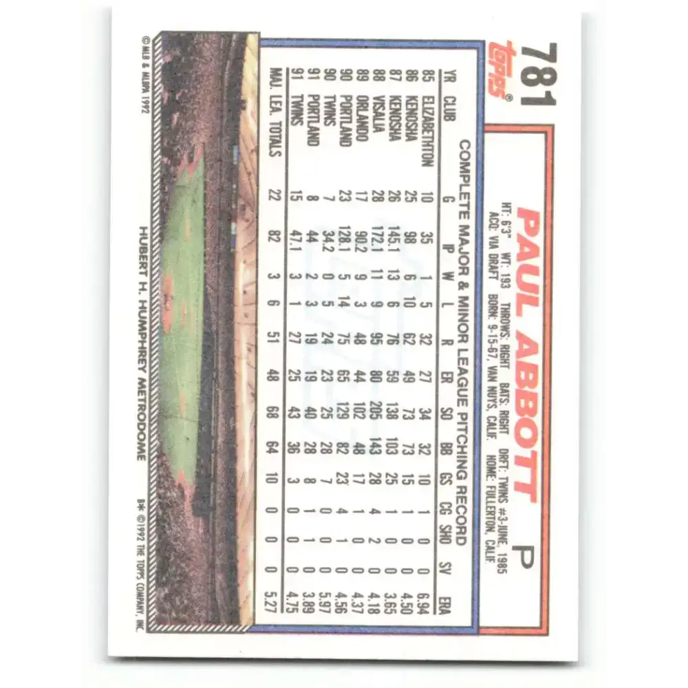 1992 Topps #781 Paul Abbott NM-MT Minnesota Twins Baseball Card - Baseball Card Single