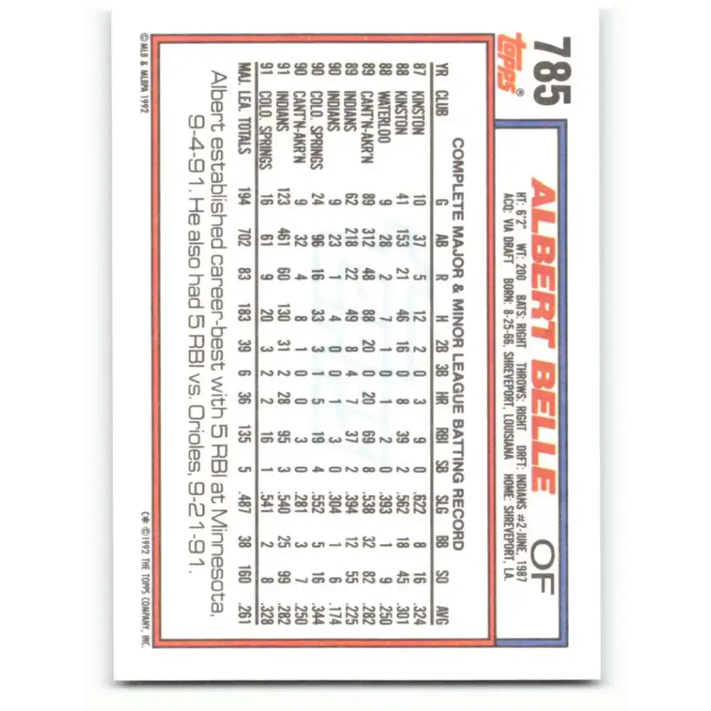 1992 Topps #785 Albert Belle NM-MT Cleveland Indians Baseball Card - Baseball Card Single