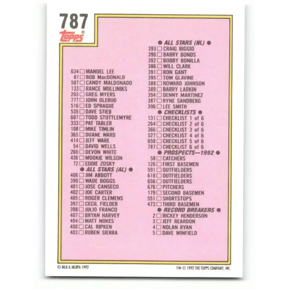 1992 Topps #787 Checklist 661-792 NM-MT Baseball Card - Baseball Card Single