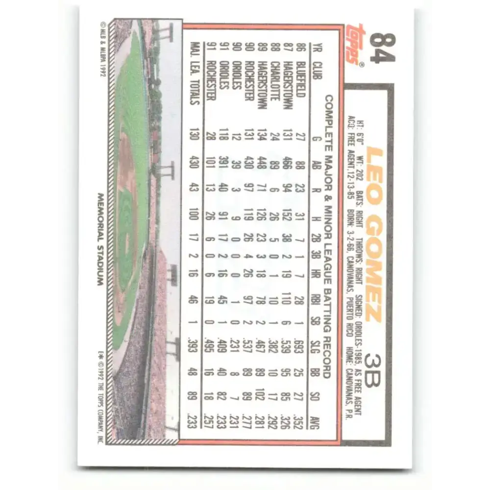 1992 Topps #84 Leo Gomez NM-MT Baltimore Orioles Baseball Card - Baseball Card Single